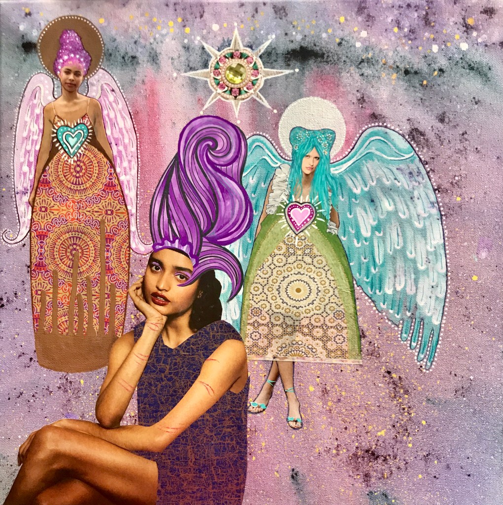 Scars, eating disorders, anorexia, bulimia, self-harm cutting, body image, body dysmorphia, angels, hope, faith, Brusho, mixed media, collage, Ananda Amenet Reid,